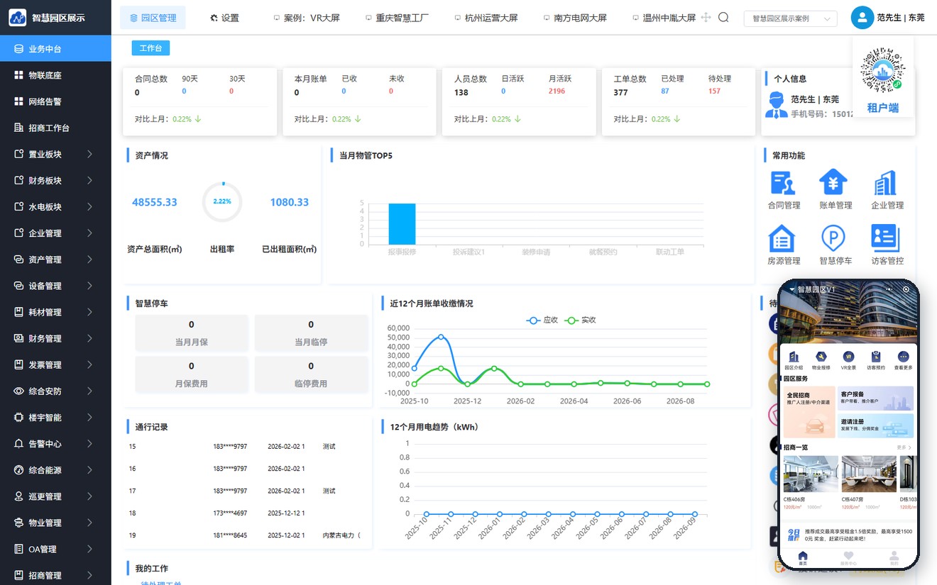 智慧园区平台系统界面：经营工作台（PC 端）与微信小程序端